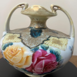 VTG Hand Painted Nippon Moriage 2 Handle Porcelain Vase Pink Roses Gold Gilded