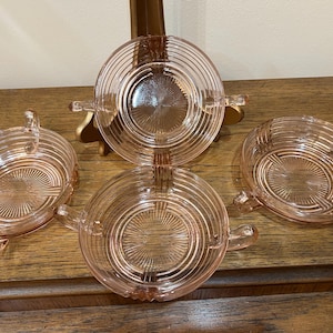 Vintage Anchor Hocking Ribbed Pink Depression Glass &quot;Manhattan&quot; Bowl 1930s Set Of 4