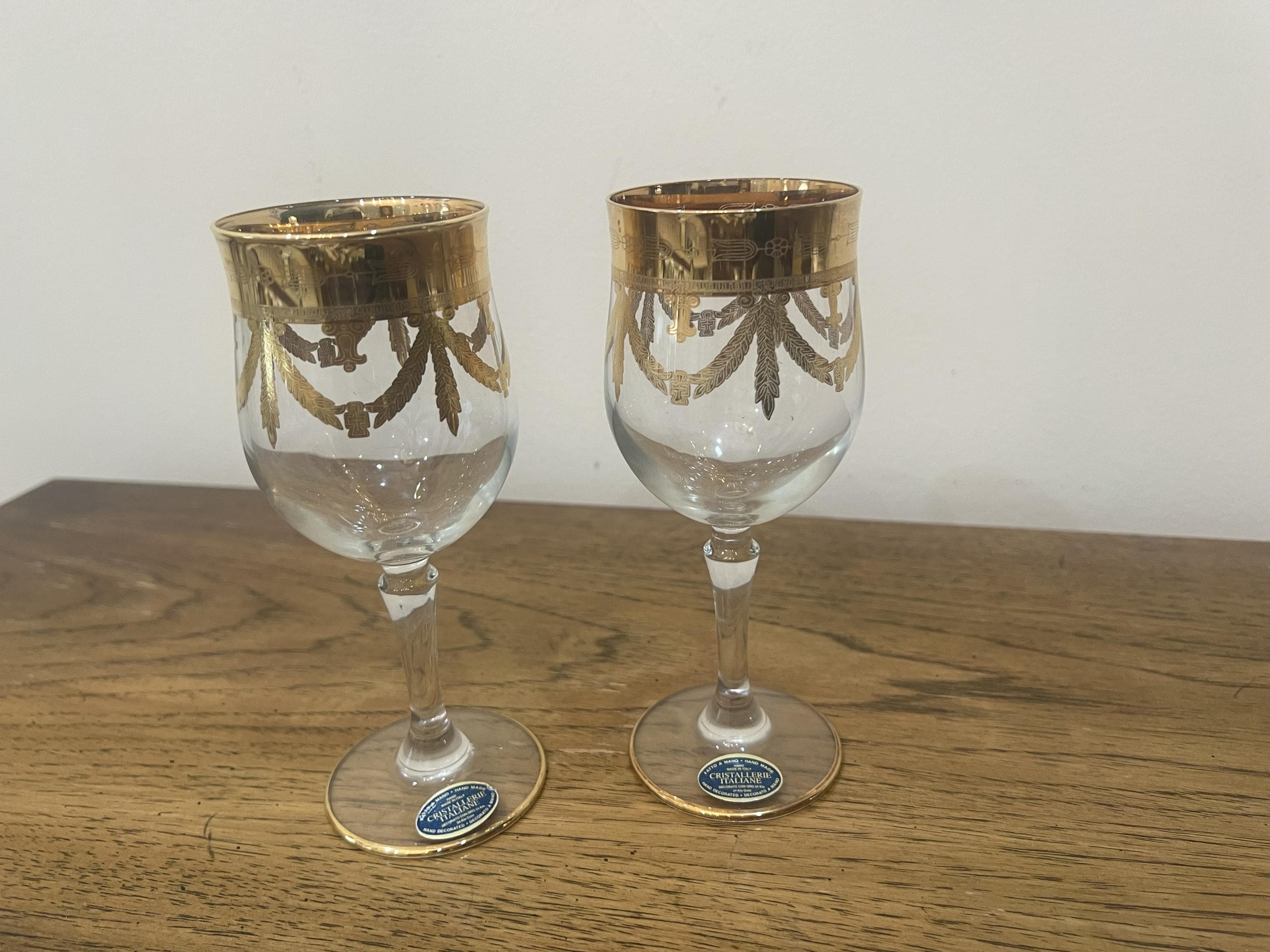 Cristallerie Italian: Wine Glasses, Set of 2 , 24 K Gold Trim
