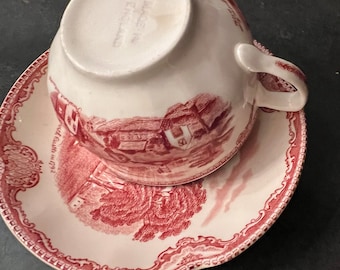 Staffordshire Johnson Bros. Old Britain Castles Cup And Saucer in Pink/ Red. Stafford On Avon And Kenilworth Castle in 1792" Scalloped Edges