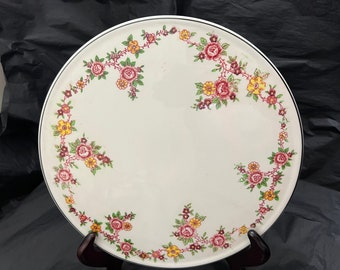 Vintage Hand Painted Cake Stand Pink Flowers Green Leaves On White Porcelain