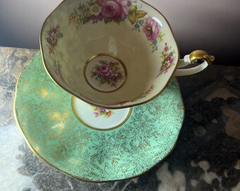 Rzadka zabytkowa filiżanka do herbaty Royal Albert Turquoise Gold Chintz i spodek
