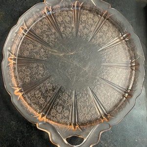 Jeanette Glass Pink Depression Glass "Cherry Blossom" Cake Plate.