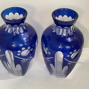 Vintage Pair Bohemian Cobalt Crystal Vases Cut To Clear