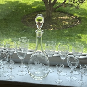 Vintage Decanter Set With Etched Grapes And Leaves
