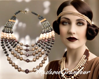 Hermoso, vintage de la década de 1950 boho gitano boho hippie cinco hileras collar de oro beige