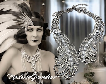 Hermoso, vintage 1920s Art Déco boda declaración nupcial cristal pedrería joya pluma hoja collar