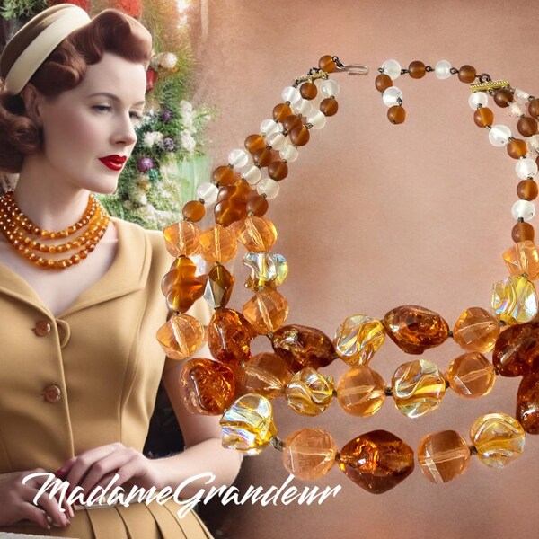 Beautiful, vintage 1950s Art Deco bohemian butterscotch see through triple row short necklace