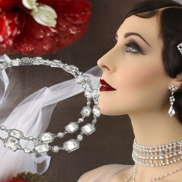 Beautiful, vintage 1920s Art Deco wedding bridal statement real crystal choker necklace with sterling silver clasp