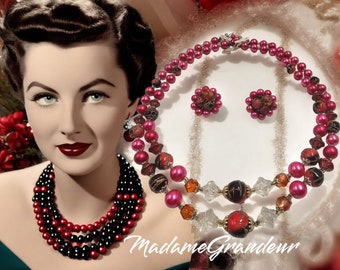 Original japonés de los años 50 y 60 de mediados de siglo mod berry rojo collar de doble hilera con encantadores aretes