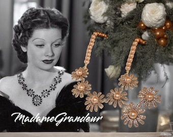 Beautiful, vintage 1920s 1950s Art Deco gold pearl floral parure necklace and earrings set