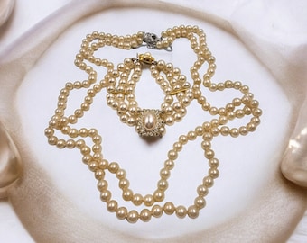 Beautiful, vintage 1920s Art Deco double row pearl necklace with safety chain and sterling silver clasp with matching pearl bracelet