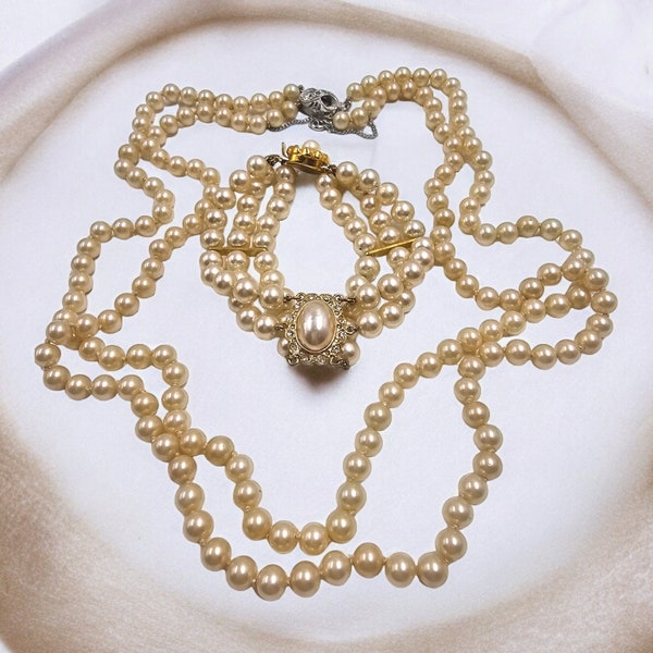 Beautiful, vintage 1920s Art Deco double row pearl necklace with safety chain and sterling silver clasp with matching pearl bracelet