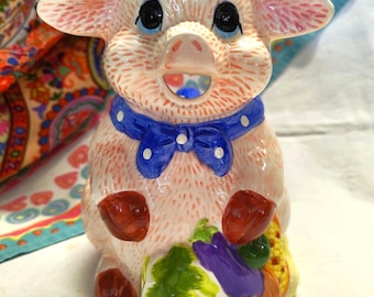 Hand-painted ceramic pig pitcher, bright and colourful, large size suitable for watering indoor plants, circa 1980s,