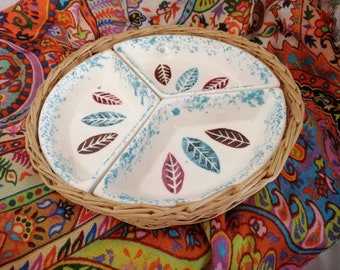 Vintage MCM trio of Japanese snack bowls in fitted cane basket.  White ceramic with leaves in teal & umber tones made in Japan circa 1960s.