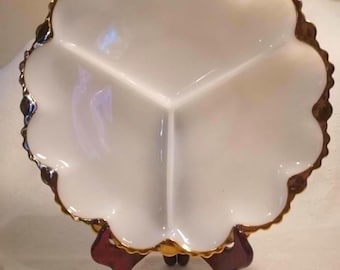 Vintage Fire King Milk Glass Relish Bowl: Mid-Century Gold Rimmed Serving Dish