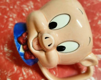 Vintage Looney Toons Porky Pig animated character mug for coffee or soup, hand-painted and glazed, made in Korea by "Applause" brand, 1989.