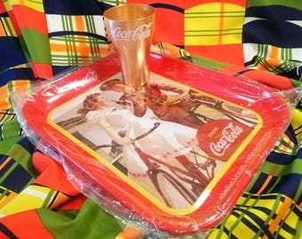 Vintage reproduction Coca Cola Coke drinks trays, sultry shingled 1930s lady, original wrapper circa 1980s or 1990s.