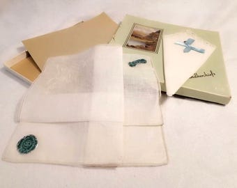 Very fine 1910s or 1920s antique Irish Linen hand-embroidered handkerchief in original box, with mid-century linen or cotton handkerchief.