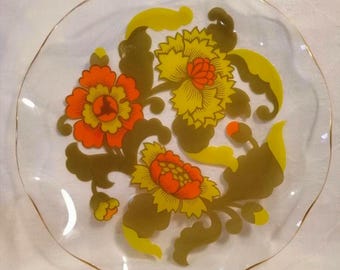 Vintage Chance Glass Plate: 70s Floral Serving Platter