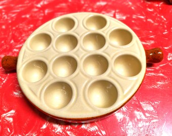Vintage Emile Henry French plat d'escargots / escargot dish, stoneware ceramic platter holds one dozen snails, made in France circa 1970s.