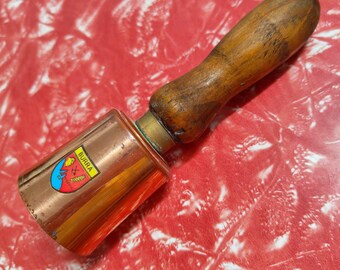 Vintage copper bell with transfer hand-turned wooden handle souvenir of South Australian mining town of Burra made in Australia circa 1970s.