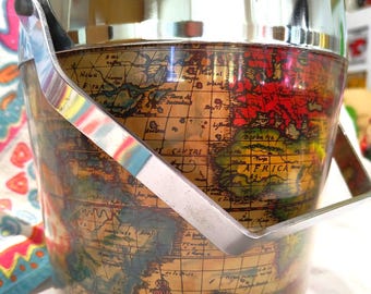 Large sturdy mid-century Stark 59 ice bucket, chrome lucite and plastic, cartography themed, made in Japan circa 1960s.