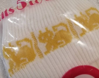 Vintage Girls anklet socks, shoe size 5-8 white encircled with yellow cats, unopened and unused, Target brand made in Australia circa 1970s.