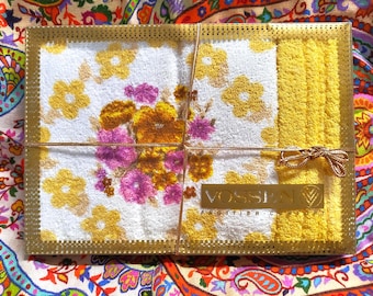 New-old stock, vintage towel, hand towel set as new in box, yellow and pink floral cotton, made in Austria by Vossen circa 1960s or 1970s.