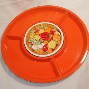 Groovy vintage trio segmented cheese and cracker platter, orange black plastic lacquer with ceramic cutting inset, made in Japan circa 1970s