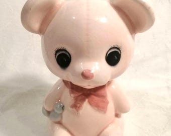 Vintage anthropomorphic Teddy bear and elephan,t children's nursery china, handpainted pink and blue glazed ceramic, circa 1970s or 1980s.