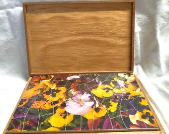 Vintage pansies, two-sided jigsaw puzzle in hand-crafted and varnished wooden box, Ultimate Two-in-One Puzzle, circa 1970s or 1980s, BNIB.