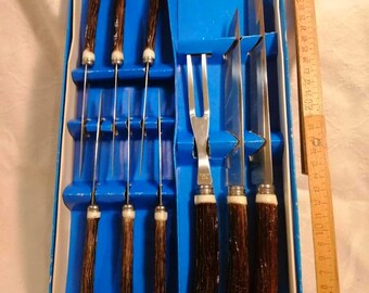 Mid-century Japanese steel and faux deer horn carving set, 2 carving knives & meat fork + 6 matching steak knives, made in Japan circa 1970s