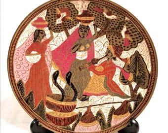 Vintage Indian brass bowl for serving or wall hanging, colourfully decorated with cobras, snake charmer, village women, circa 1970s or 1980s