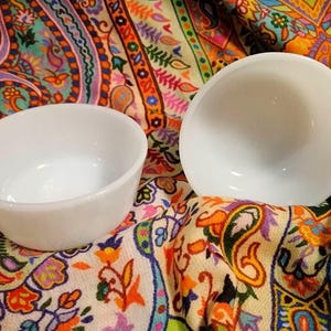 Vintage pair of ovenproof Anchor Hocking Fire King milk glass/white glass ramekins, utility bowls or custard cups, made in USA circa 1980s. image 1