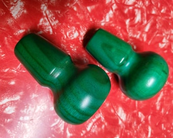 Vintage acid green salt and pepper shakers, dyed turned wood with original stoppers, colourful retro dining / table ware, circa 1970s.