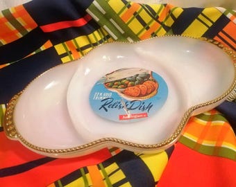Vintage Anchorglass FireKing white milk glass Relish Dish, unused in presentation box with label, 22kt gold trimmed Made in USA circa 1950s.