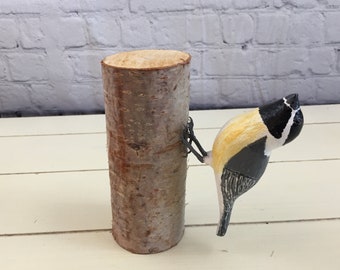 Rustic folk-art hand carved and painted wooden winter bird; Black-capped Chickadee wood carving, Bird watcher gift,  Farmhouse home decor