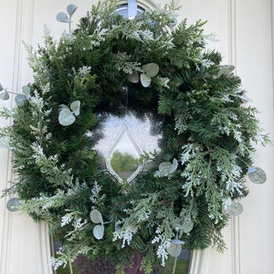 Winter wreath for front door; Faux pine, cedar and ecualyptus greenery wreath; Rustic Christmas Wreath; Farmhouse Christmas; Woodland Wreath