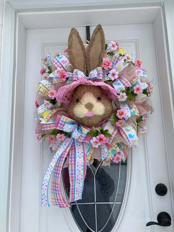 Handmade Bunny Easter Wreath – Spring Door Decor With Pink Ribbons