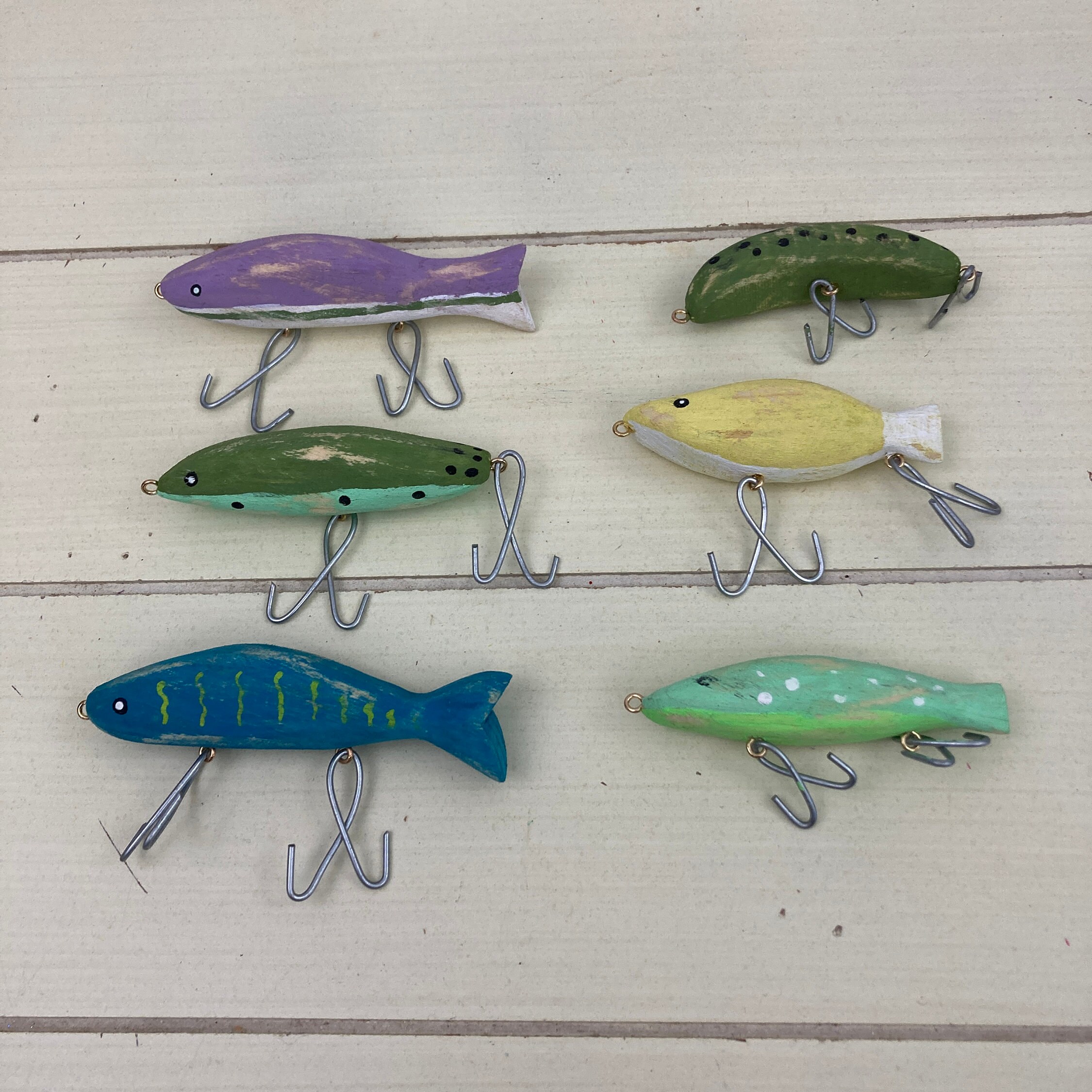 Set of 6 fishing lure ornaments; Hand carved and painted wood fishing lure  decorations; Fishing decor; Wreath attachment; Christmas ornament