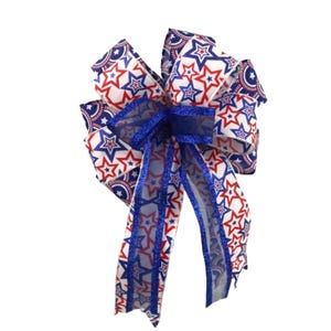 Glitter Patriotic Star Bow – Red White Blue 12 Loop Bow with Sparkle Ribbon, 4th of July Wreath or Lantern Decor, Memorial Day Accent