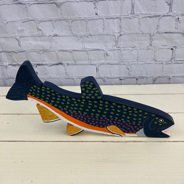 Curved Rustic Brook Trout, Hand Carved and Painted, Wooden Folk Art Fish, Fishing Camp and Hunting Cabin Wall Decor, Fish Sign for Man Cave