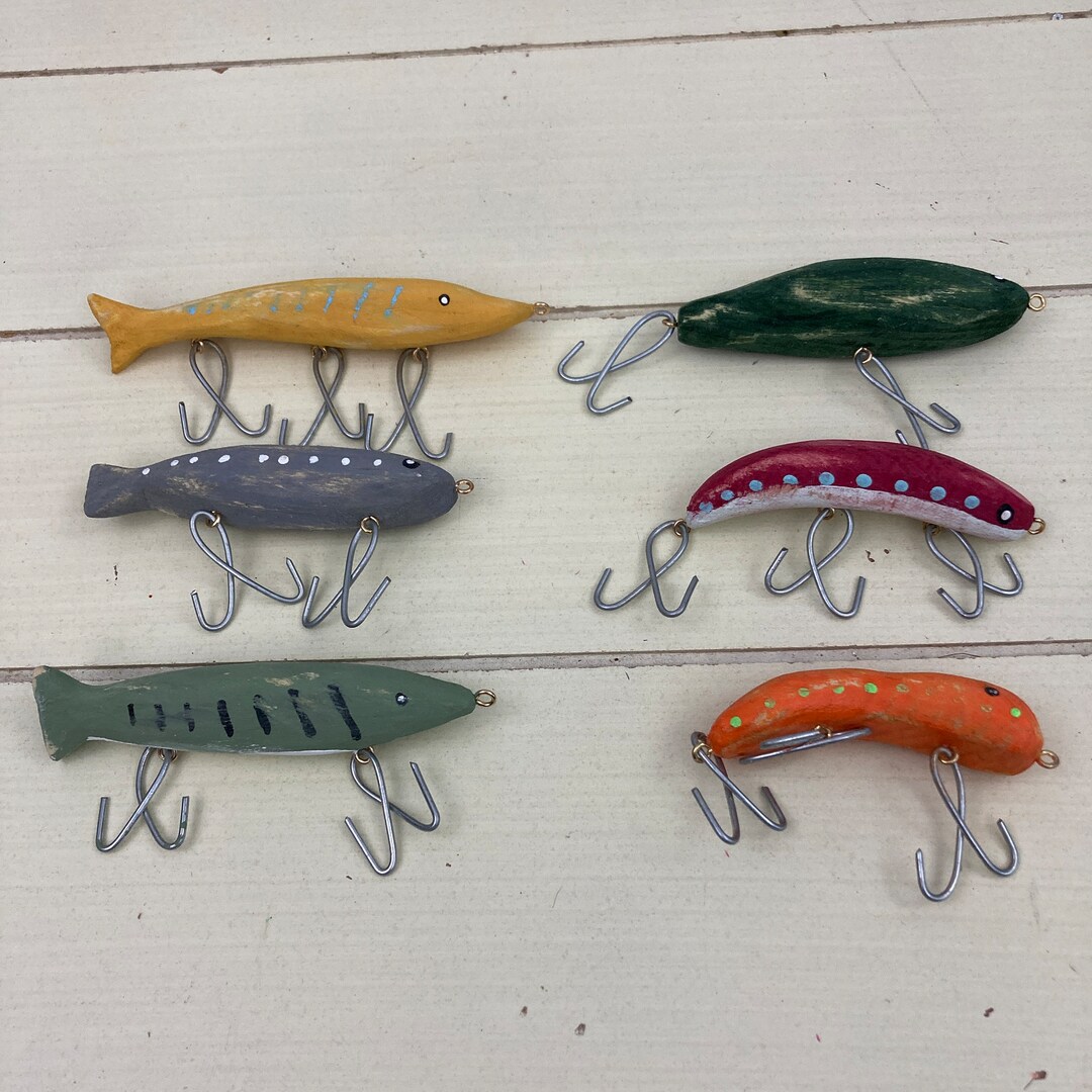 Set of 6 Fishing Lure Ornaments Hand Carved and Painted Wood Etsy
