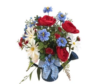 Patriotic Watering Can Flower Arrangement | Red White Blue Faux Floral | Fourth of July Table Decor | Farmhouse Americana Centerpiece