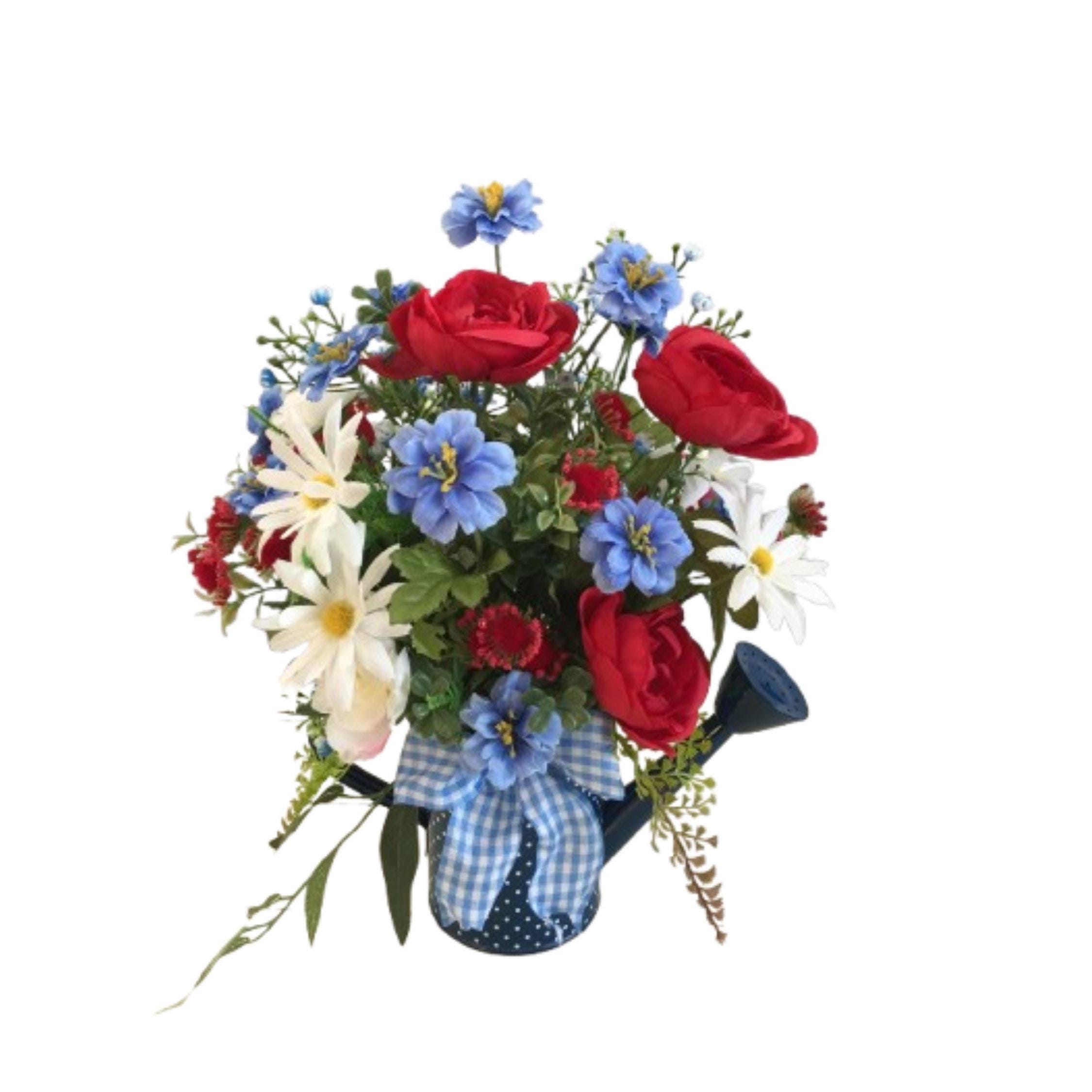 Patriotic Watering Can Flower Arrangement | Red White Blue Faux