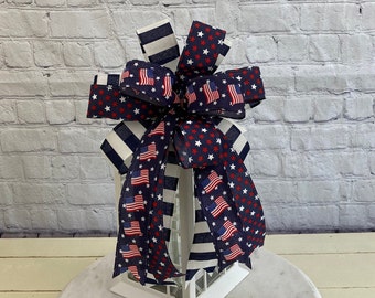 Patriotic Lantern Bow; Red, white and blue decorative bow for summer wreath;  Summer bow for mailbox or door hanger, Bow for gift basket