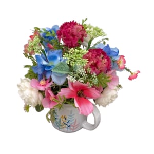 Floral Coffee Mug Arrangement – Bright Faux Flower Centerpiece, Tea Cup Bouquet Gift, Spring Summer Table Decor, Hostess Gift Idea