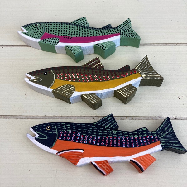 Set of 3 Small Curved Rustic Trout Hand Carved and Painted, Wooden Folk Art Fish Fishing Camp and Hunting Cabin Wall Decor, Fish Shelf Decor