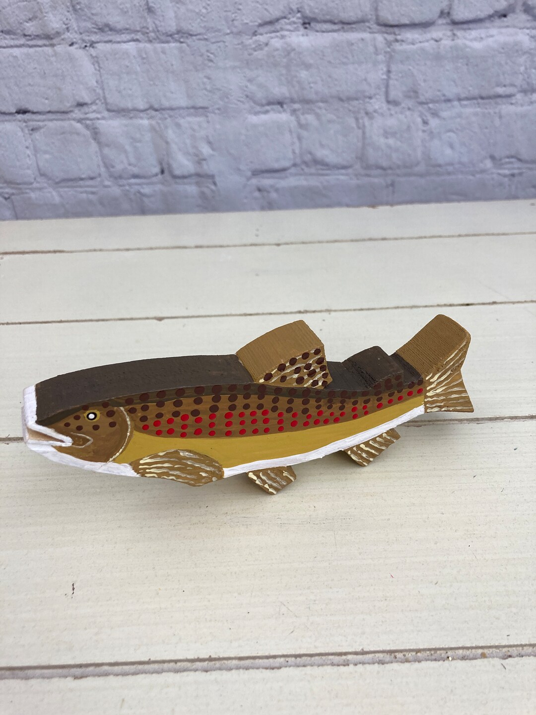 Small Curved Rustic Brown Trout, Hand Carved and Painted, Wooden Folk ...